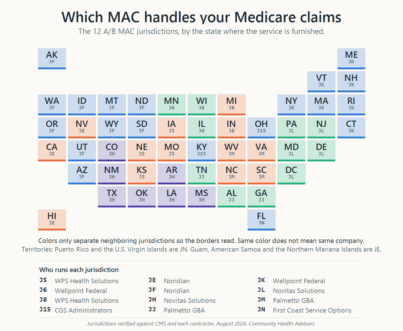 Tile grid map of the United States, each state a labeled square showing its A/B MAC jurisdiction code, with a key naming the contractor for all 12 jurisdictions. Tile colors separate neighboring jurisdictions and do not indicate a shared contractor.